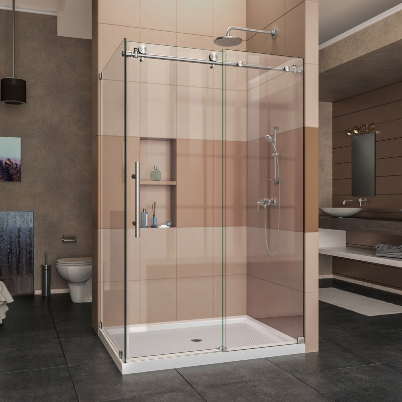 Enigma-X 48.38'' x 34.5'' D x 76" Frameless Sliding Shower Enclosure, Brushed Stainless Steel