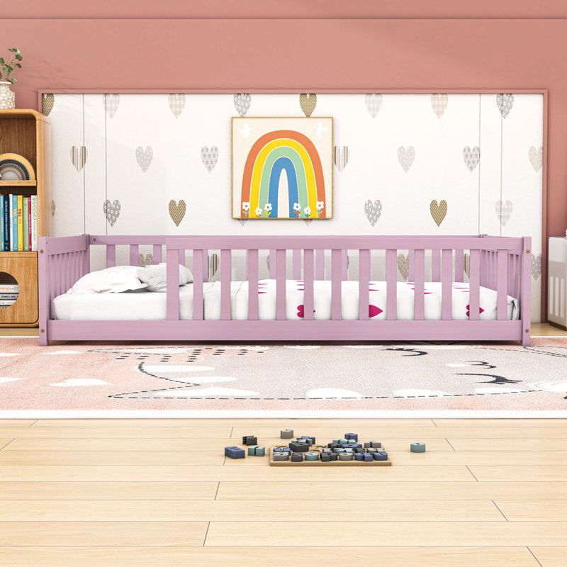 Twin Floor Bed With Safety Guardrails, Pink