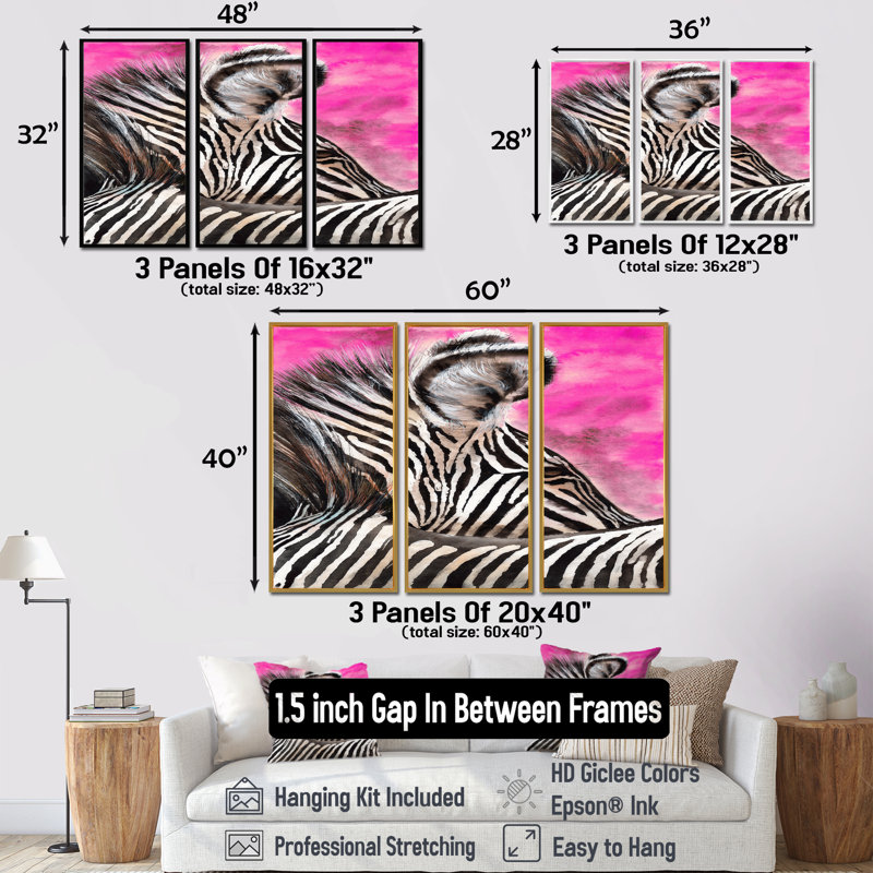 Zèbre avec rayures noires et blanches contrastantes I - ensemble d'art mural sur toile encadré traditionnel de 3, Argent