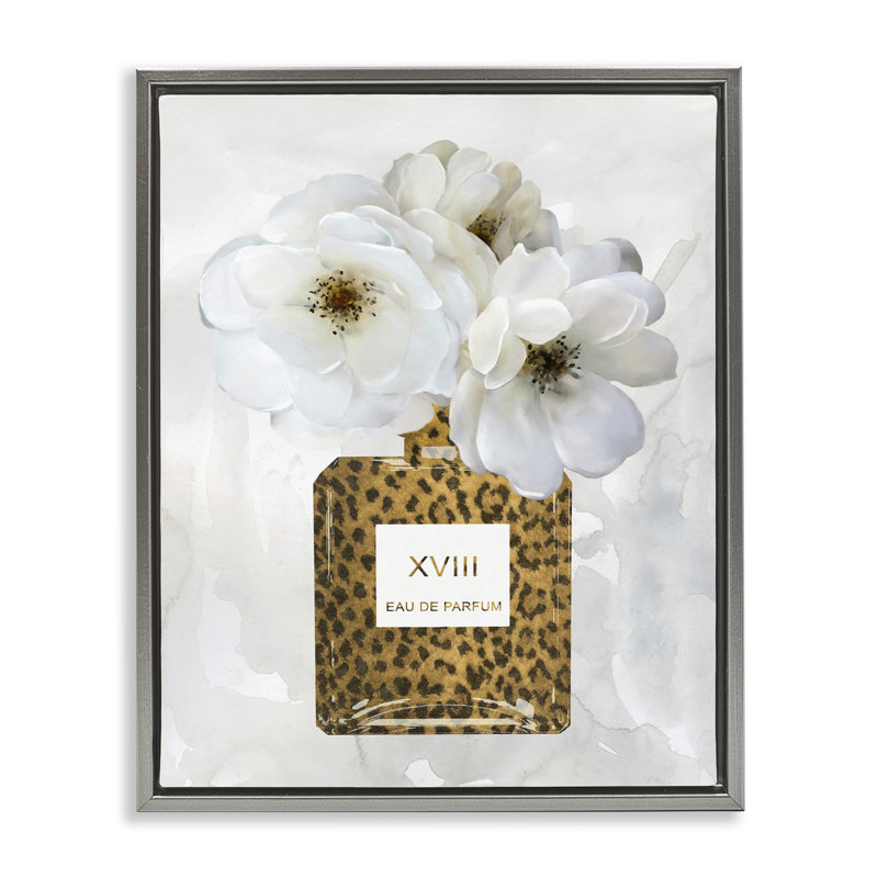 "Leopard", bouteille de parfum Glam White Spring Florals, art mural sur toile par Carol Robinson, H 17 po x l 21 po