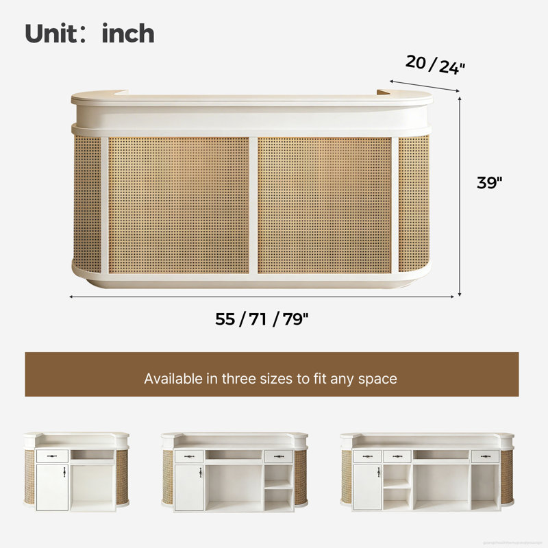 Bureau de réception élégant en rotin pour les bureaux modernes, Blanc, H 39 po x l 79 po x P 24 po