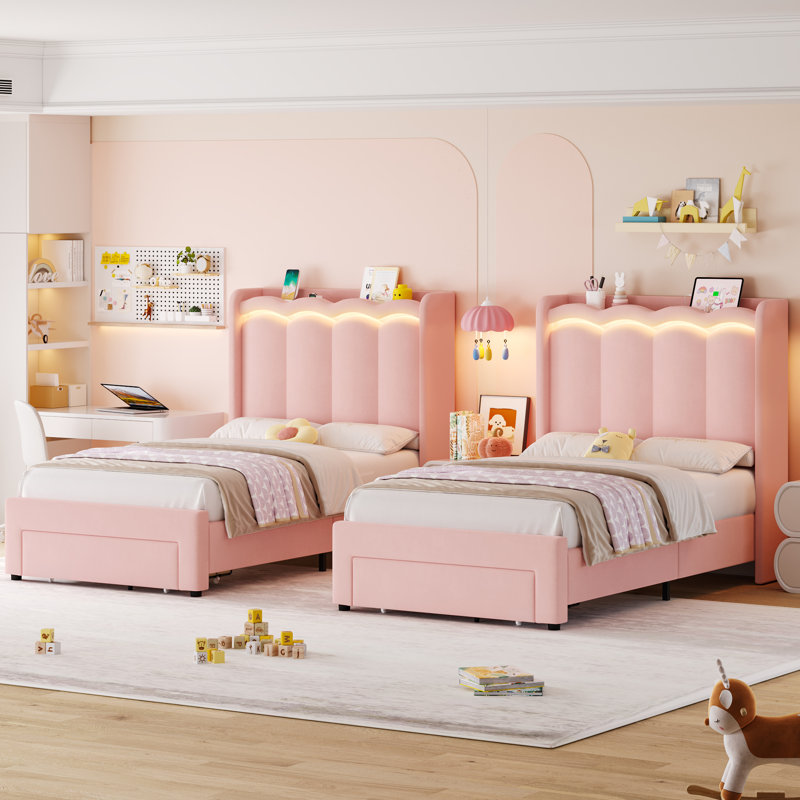Velvet Upholstered Storage Kids Bed With LED Lights, Twin Size Platform Kids Bed With 1 Drawer, Pink, Twin