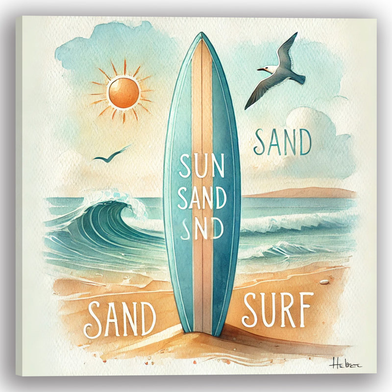 «Sun, Sand, Surfboard Beach Scene», reproduction d'art sur toile tendue, H 30 po x l 30 po