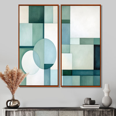 Ensemble de 2 panneaux décoratifs vert et bleu à motif abstrait géométrique Fusion I