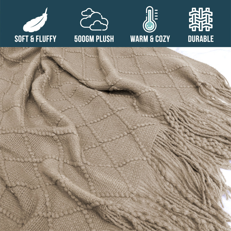 Tan Taupe Knit Fleece Reversible Throw Blanket with Fringe