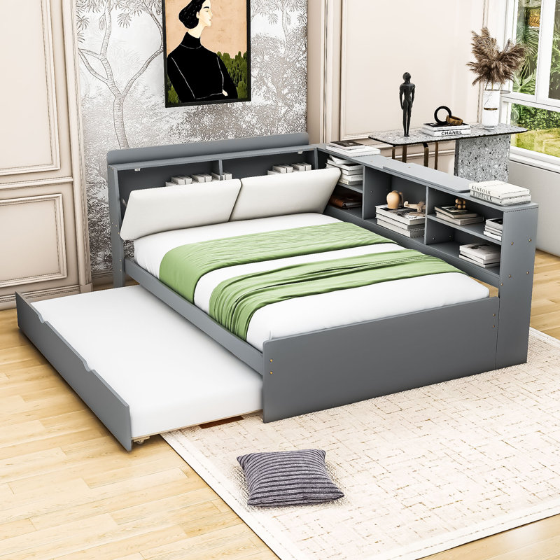 Lit plateforme en bois avec tête de lit tapissier, rangement intégré et lit gigogne simple, Full, Gris
