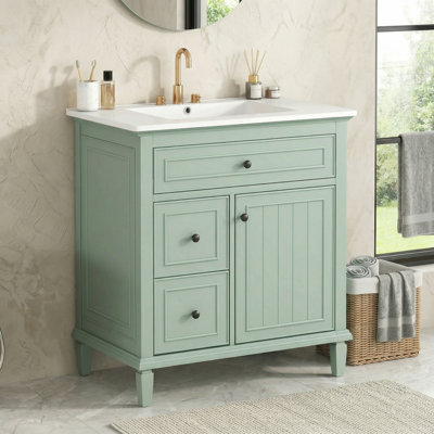 30" Modern Bathroom Vanity With Ceramic Sink, Solid Wood Cabinet, 3-drawer Storage Unit With Flip Tray & Adjustable Shelf, Space-saving Vanity Set For Bathroom