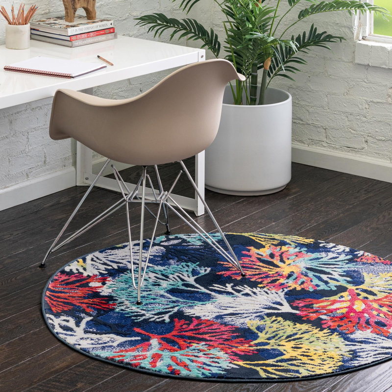 Tapis champêtre et floral de couleur turquoise-denim, Rond 7 pi