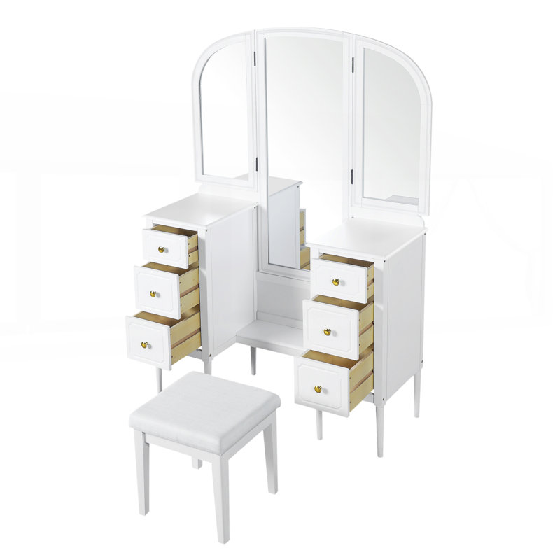 Antique Makeup Vanity Desk with Triple Mirror, 6-Drawer Dressing Table Set Including Stool, Full Length Mirror for Bedroom and Dressing Room