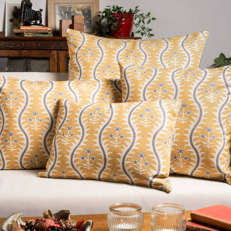 Scalloped Floral Block Print Cushion in Ochre Yellow, 43x30cm, Cover only