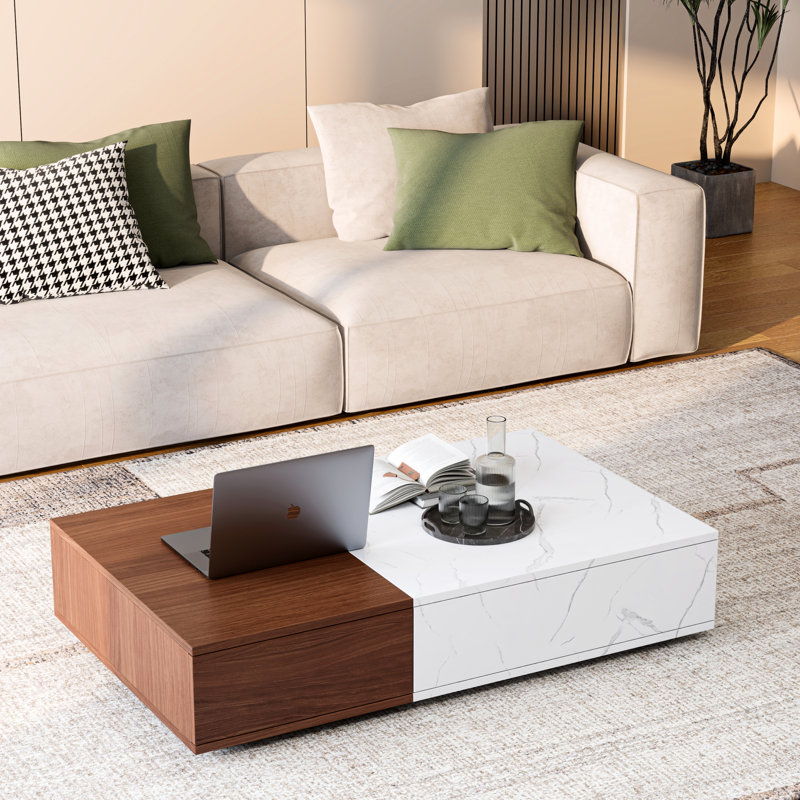 Table basse rectangulaire avec deux rangements en marbre de style noyer moderne, Brun / Blanc