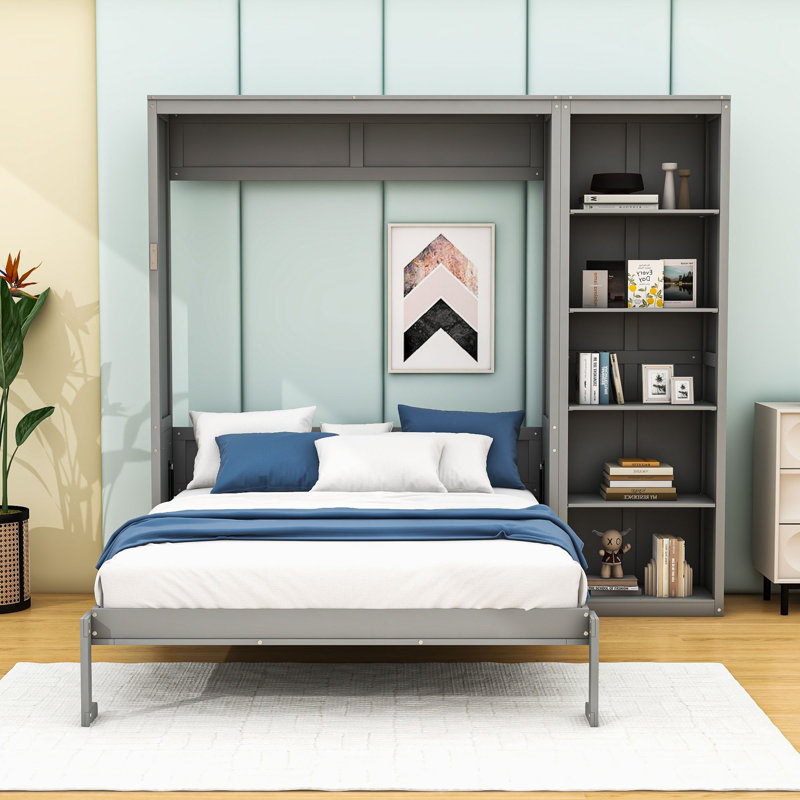 Lit escamotable en bois avec tablettes et lattes Geva, Double, gris