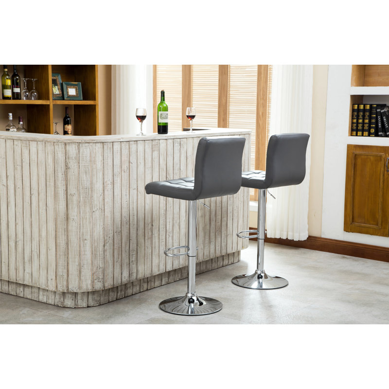 Swivel Faux Leather Adjustable Hydraulic Bar Stool, Set Of 2, Gray