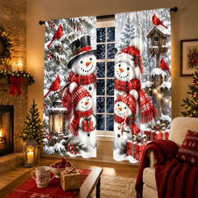 2Pcs Christmas Snowman Window Curtains, Festive Winter Scene Light Filtering Curtains with Rod Pocket, Machine Washable Drapes for Living Room Bedroom Kitchen Decor, Festive Holiday Gifts