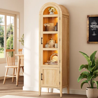 71'' Arched Display Cabinet With Tempered Glass Doors and LED Light, Curio Cabinet Farmhouse Dining Cabinet With Storage, Arch Bookcase For Living Room