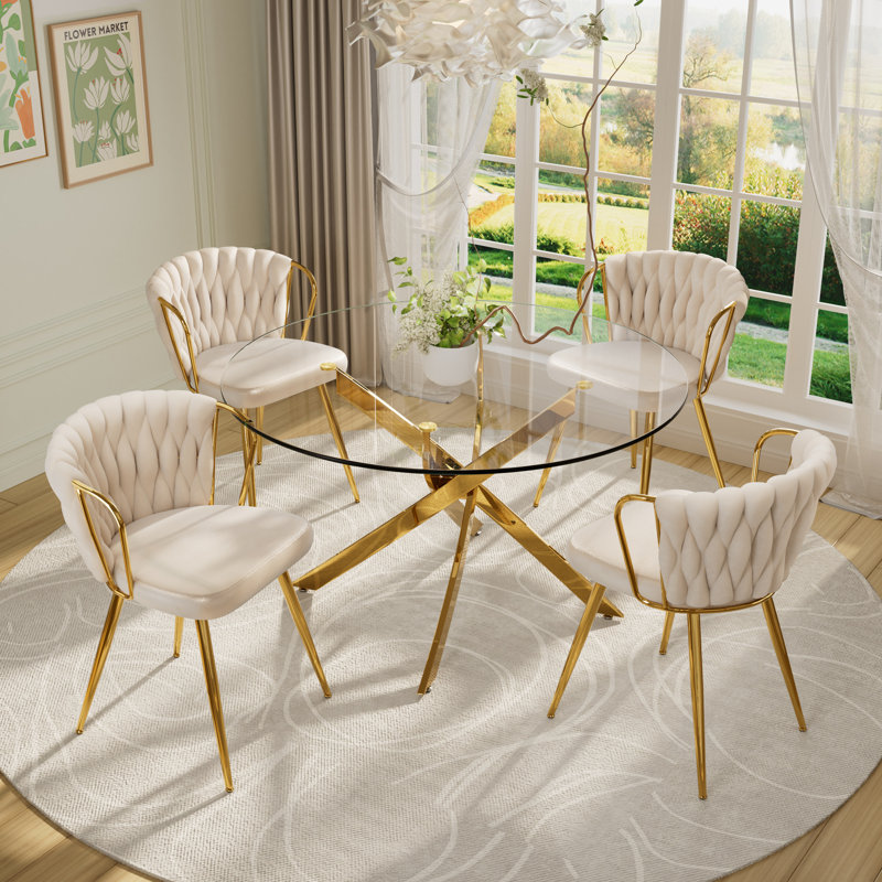 5 - Piece Round Glass Dining Set, 29.5"H x 47.24"L x 47.24"W, Beige