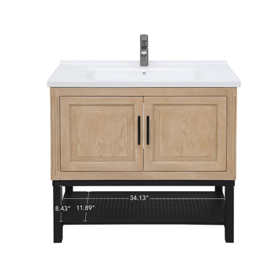 Meuble-lavabo 36 po avec lavabo en céramique blanc et robinet d'eau chaude et froide, armoire de salle de bain autoportante avec 2 portes de rangement et tablette ouverte en fer pour la salle de bain