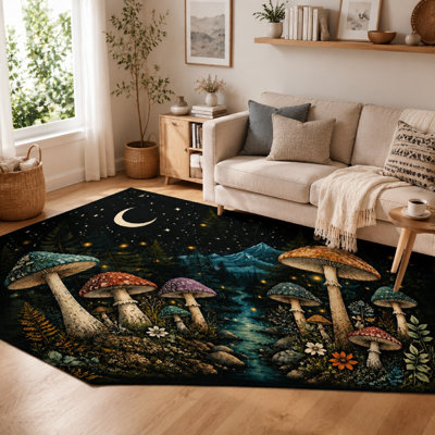 1Pcs Enchanted Forest Mushroom Rug - Mystical Woodland Landscape, Celestial Night Sky, Vibrant Fungi Decor, Cozy & Washable Floor Mat, Non-Slip, for Living Room, Bedroom, Game, Meditation Space for home detor