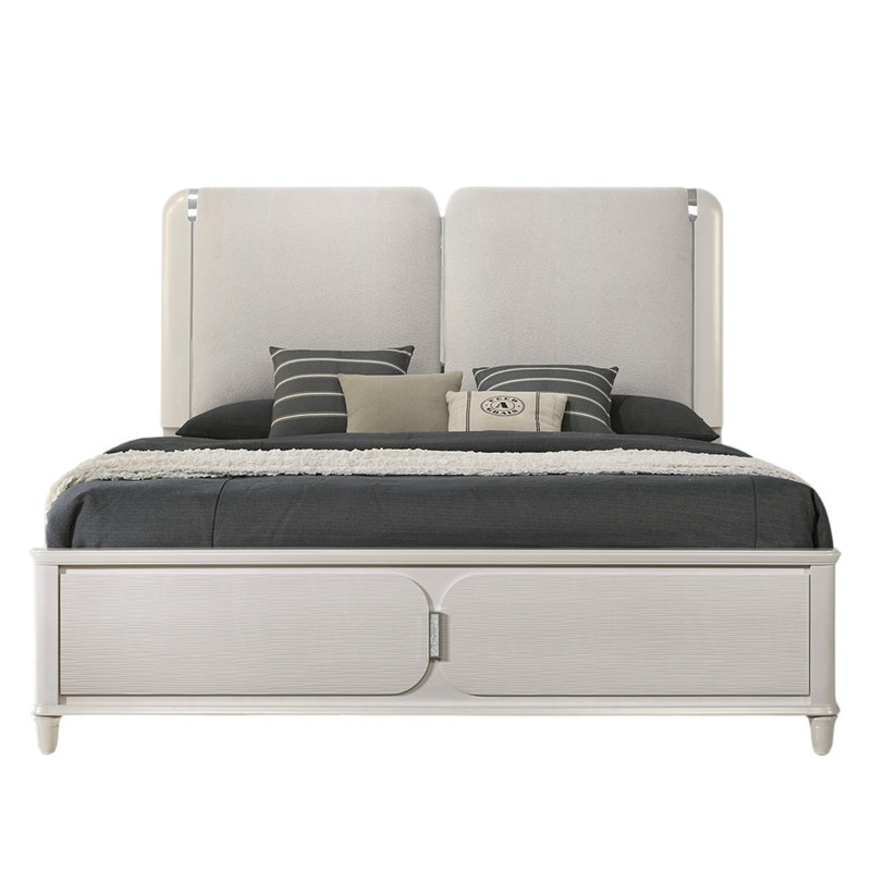 Lit Veda avec DEL, blanc perle, revêtement gris Boucle, Grand