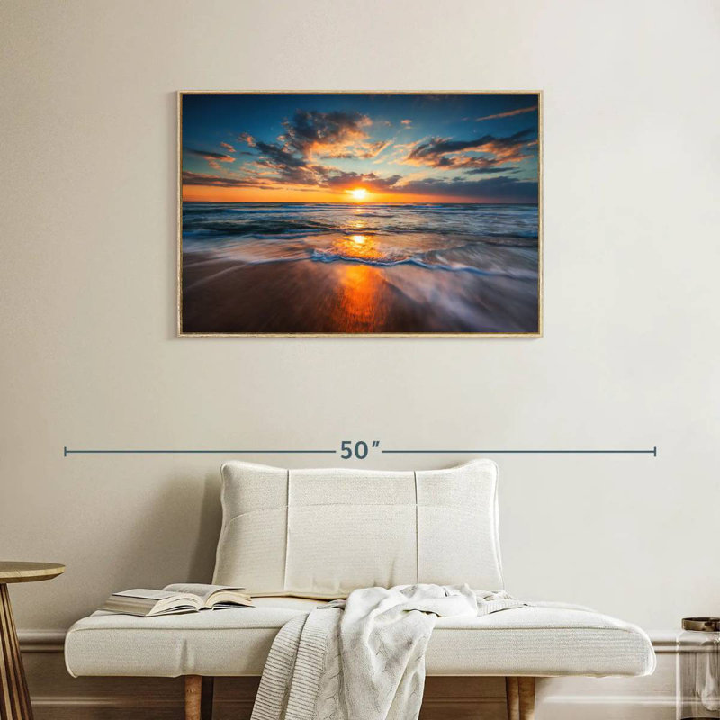 Été, océan, lever de soleil, Cadre flottant en bois naturel, 37 po x 25 po