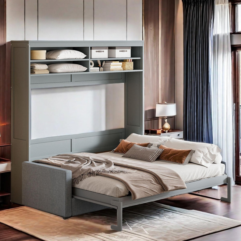Lit escamotable moderne avec canapé rembourré et tablettes de rangement, gris