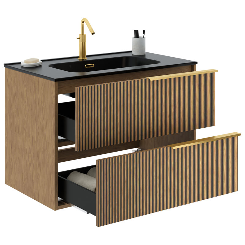 Kora Art 40" Fluted Wall-Mounted Single Bathroom Vanity with Integrated Ceramic Top & Handles, Gold, 32"
