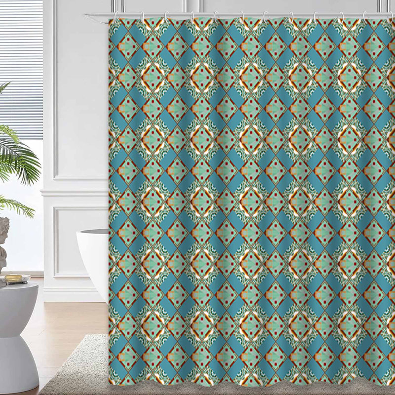 Rideau de douche géométrique bleu vert, brun, carreaux, bleu sarcelle et 12 crochets, L 72 po x l 72 po
