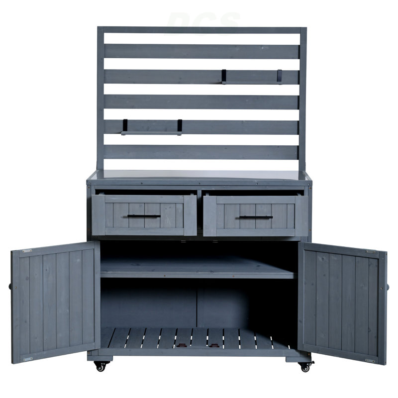 Grand chariot de cuisine en bois massif pour îlot de cuisine 64,9 po H 64 po, table de préparation au barbecue, banc de rempotage avec plateau en acier inoxydable, 3 tablettes mobiles et 2 tiroirs, gris, îlot de cuisine