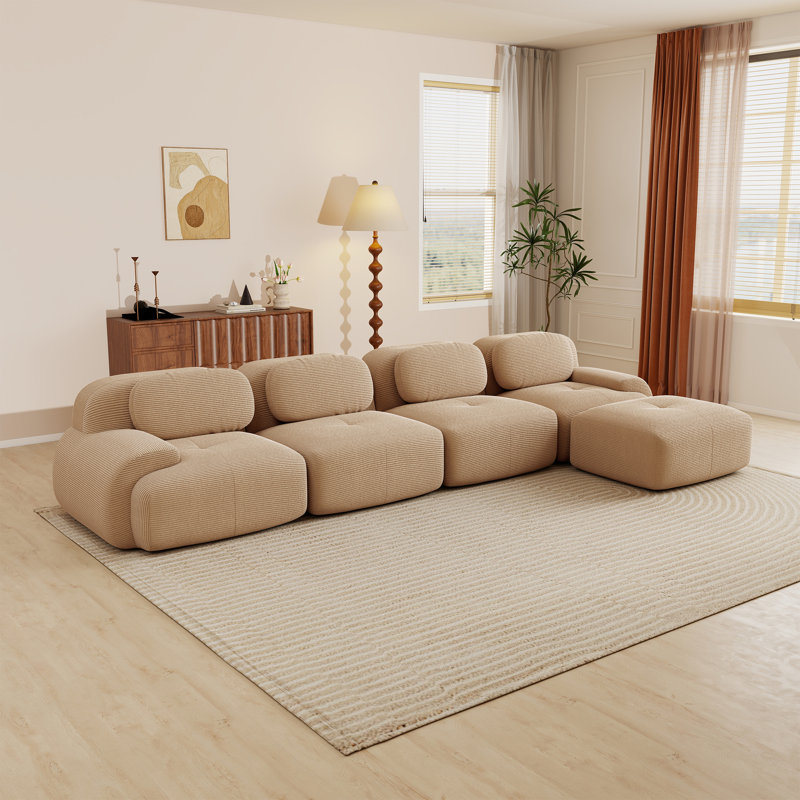 Canapé modulaire en forme de L Boneless, surdimensionné avec assise profonde, repose-pieds, velours côtelé, sans assemblage
