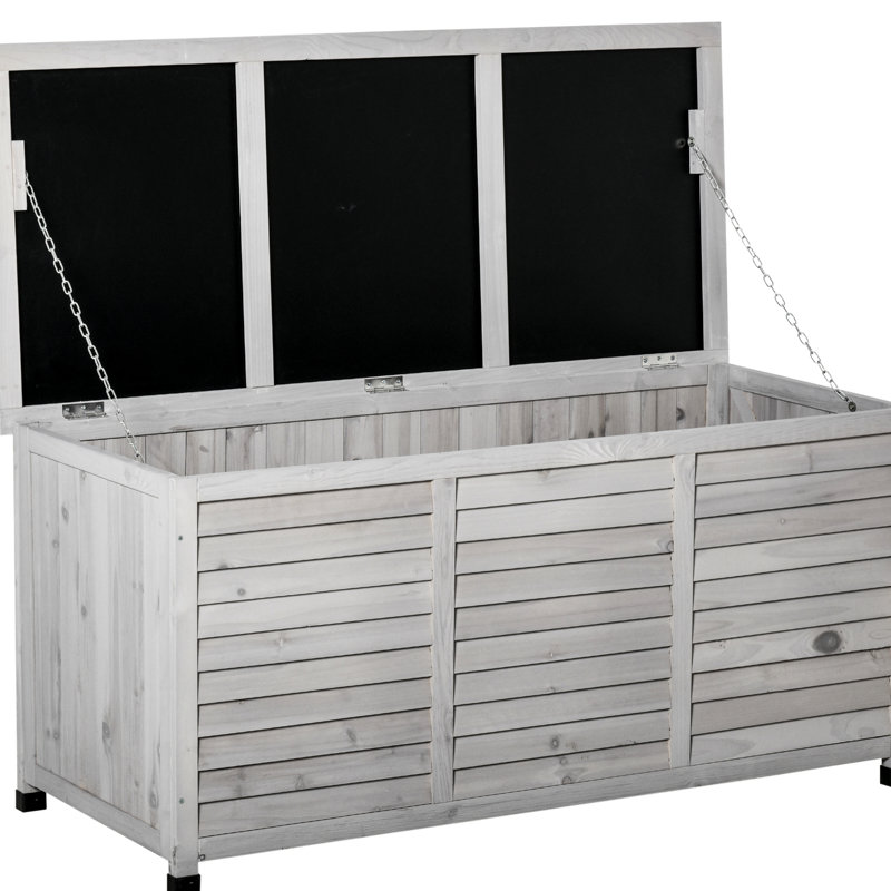 Coffre de jardin en bois gris 75 gallons - Bac de rangement extérieur avec système d'aération et couche résistante aux intempéries pour une durabilité accrue à l'extérieur