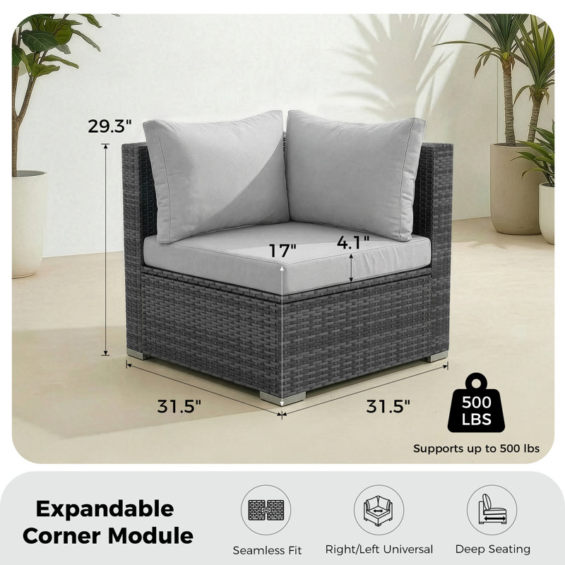 Fauteuil de coin de patio extérieur Maahika en résine tressée PE avec coussin, Light Gray Cushion/Gray Frame