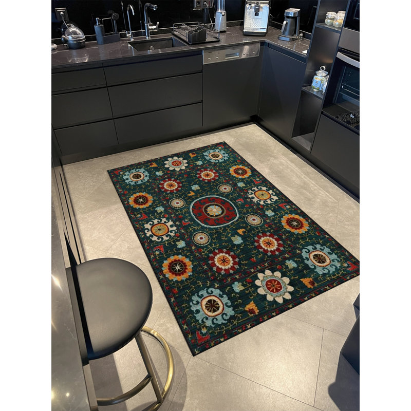 Tapis décoratif rétro à motif floral vert foncé Shubhada, Tapis de couloir 3 pi 4 po x 8 pi 3 po
