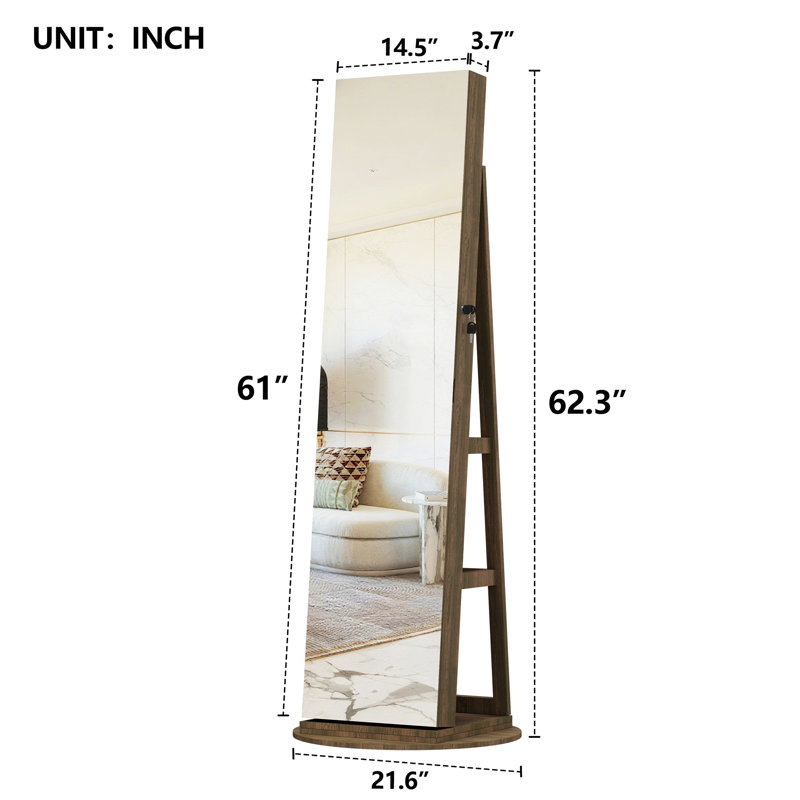 360°Swivel Jewelry Cabinet With Full Length Mirro, 62.3" x 21.6", Antique brown