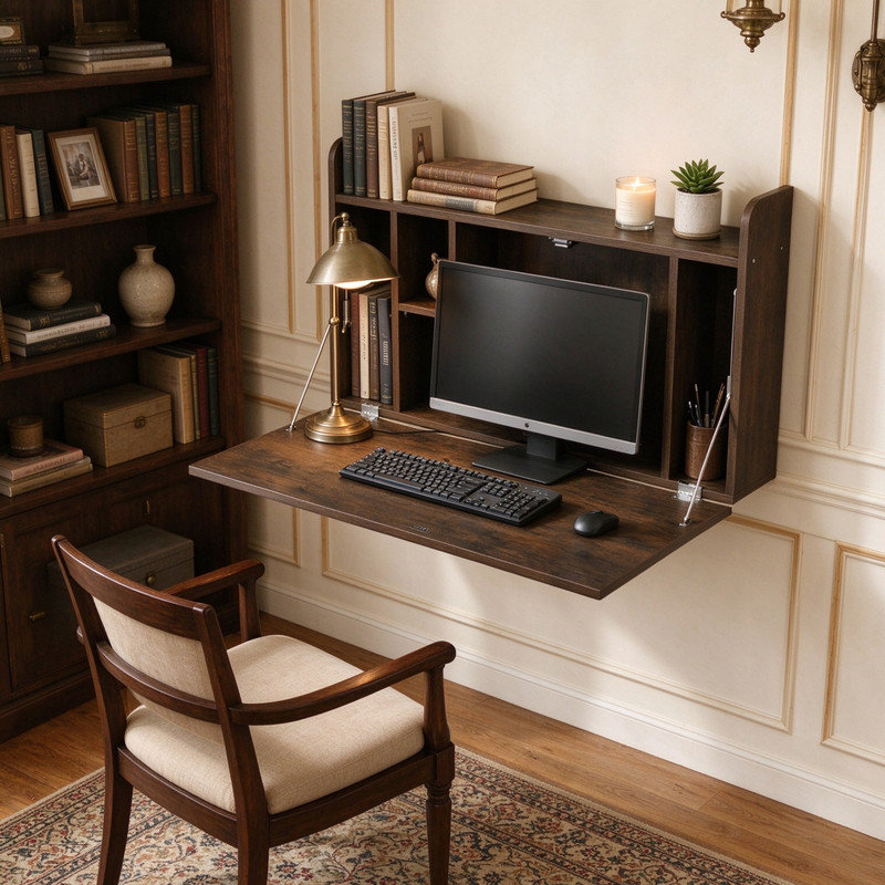 Space Saving Fold Down Wall Desk, Dark Brown Floating Laptop Table for Study & Living Room