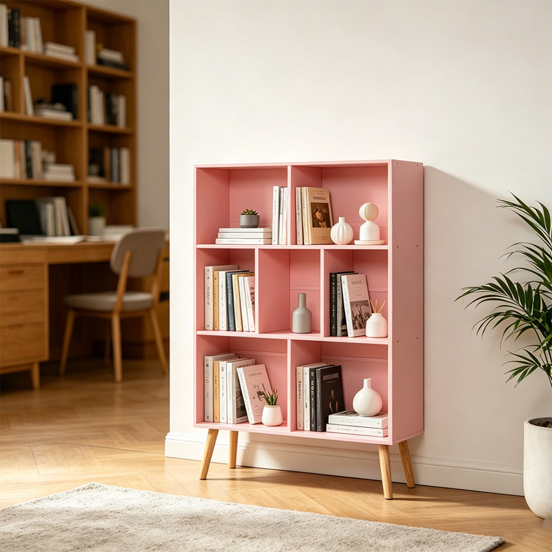 Bibliothèque moderne à 3 niveaux avec pieds, tablette de présentation autoportante en bois, bibliothèque à 7 cubes