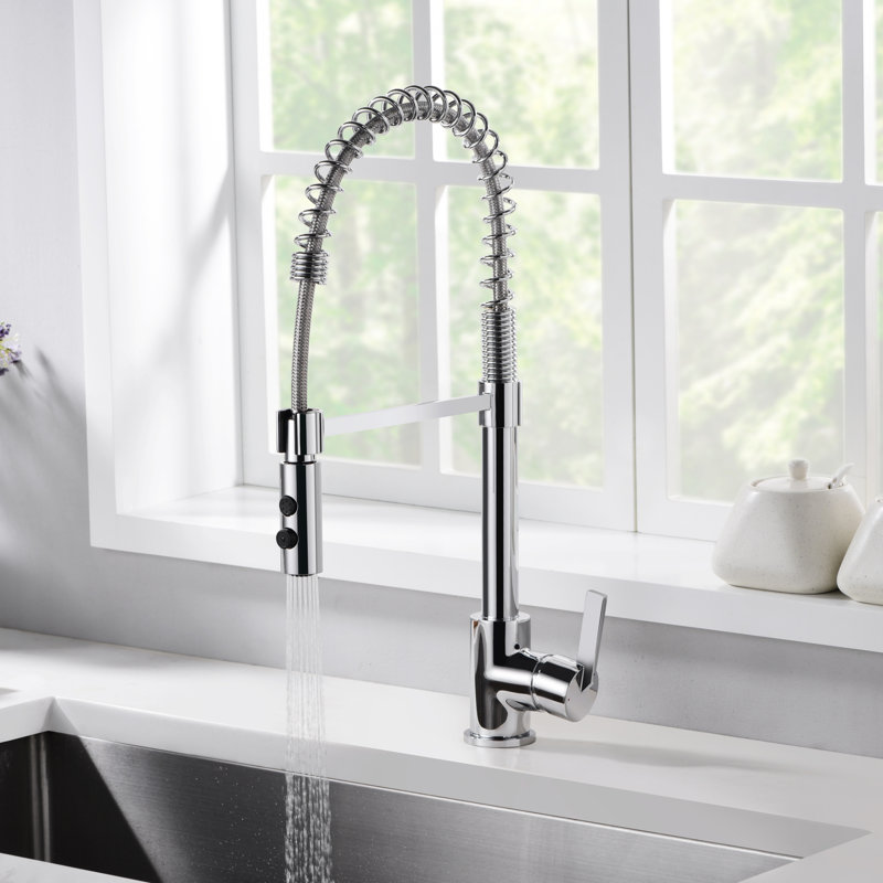 Euro Collection High-Arc Single Handle Kitchen/Bar Faucet with 2-Function Pull-Down Spring Spout Sprayer - Chrome Polished