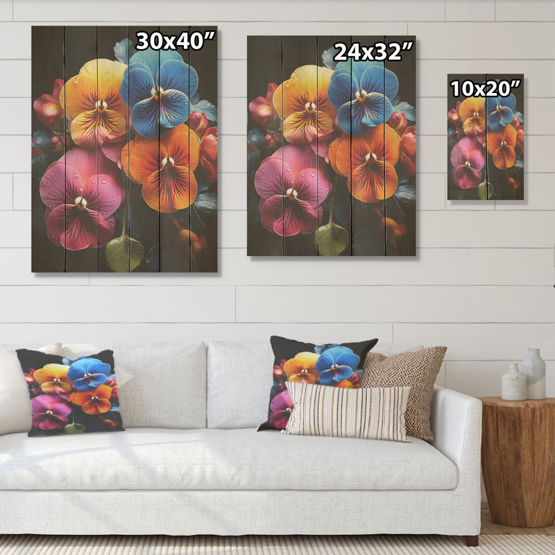 Pensées colorées éclatées de bonheur - Art sur bois de pin naturel, H 20 po x l 10 po