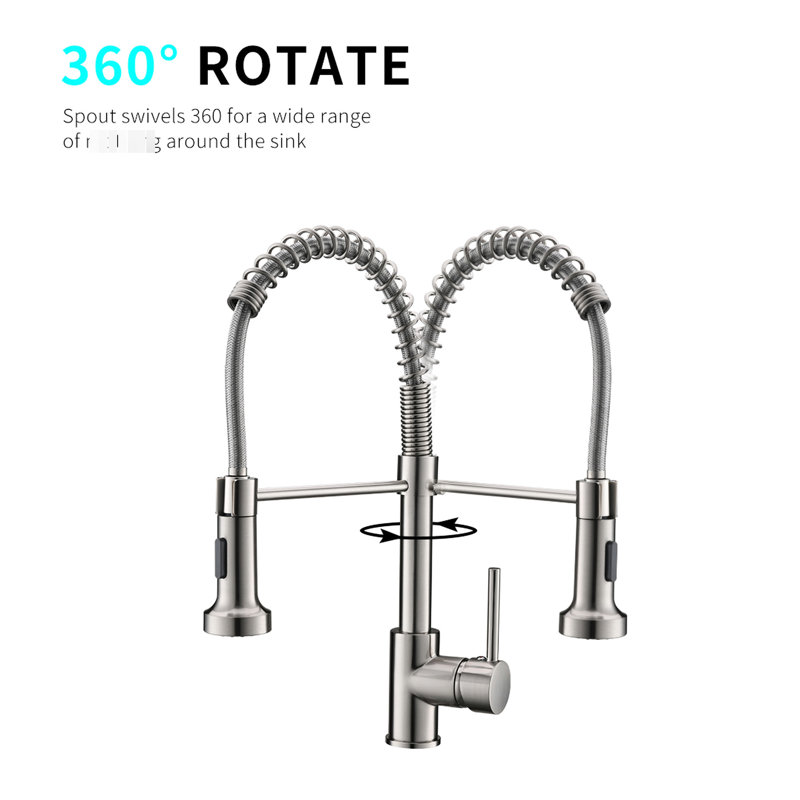 Robinet de cuisine rétractable, nickel brossé, levier à poignée simple, robinet à bride rotative à 360 degrés avec poignée, bec à 360 degrés pour éviers
