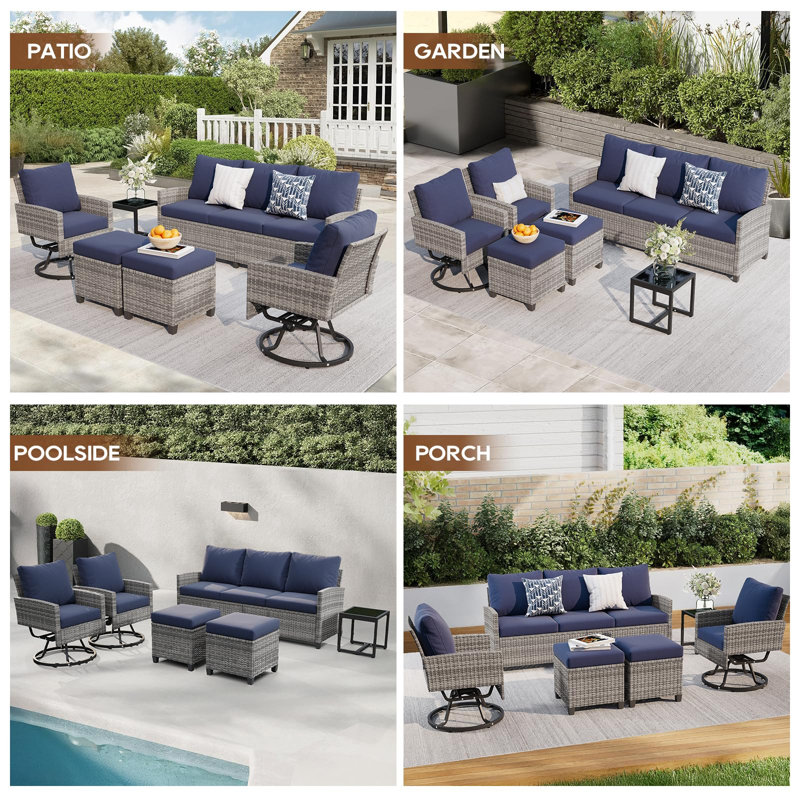 Ensemble de conversation de patio en osier 6 pièces avec canapé, chaises pivotantes, coussins et repose-pieds, Marine, Gris