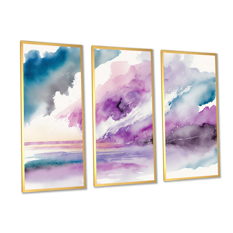 «Violet Storm at the Horizon I», reproduction sur toile 3 pièces, H 20 po x l 36 po x P 1 po, Toile avec cadre naturel