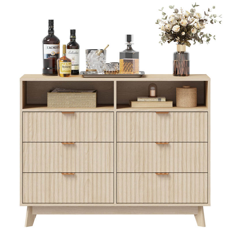  6-Drawer Dresser, 45" Fluted Wood Chest with Metal Handles, Storage Organizer for Bedroom & Living Room, Natural Oak
