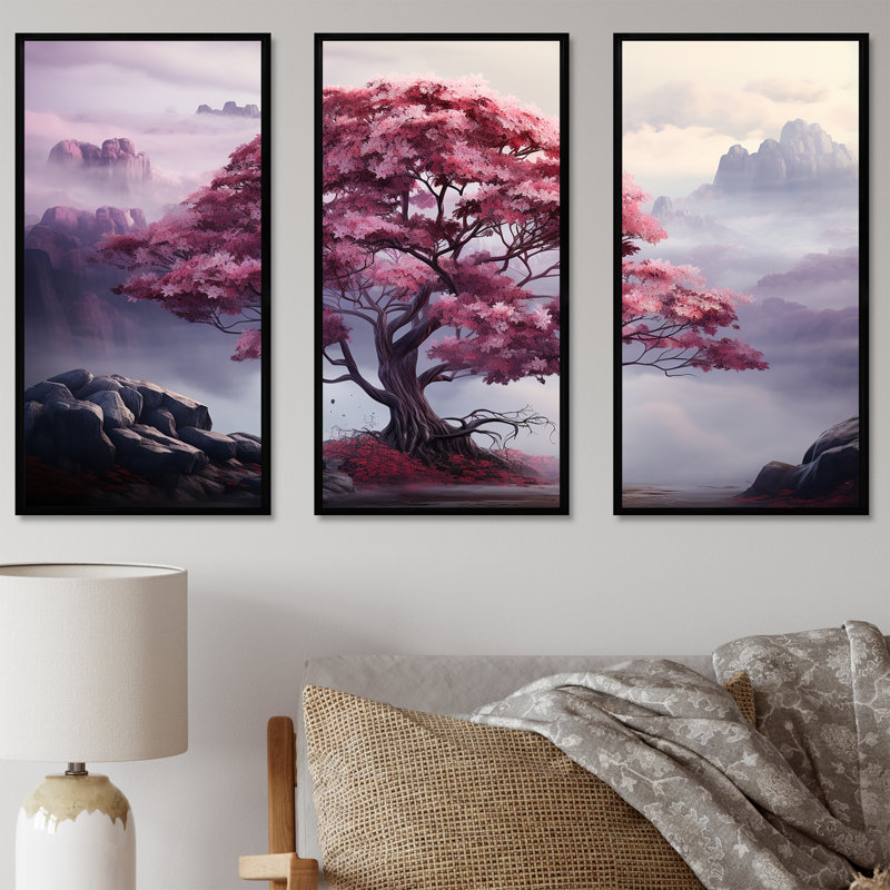 Ensemble de décorations murales Mystic Pink Trees In Amethyst Landscape IV - Arbre séquoia, H 28 po x l 36 po x P 1 po