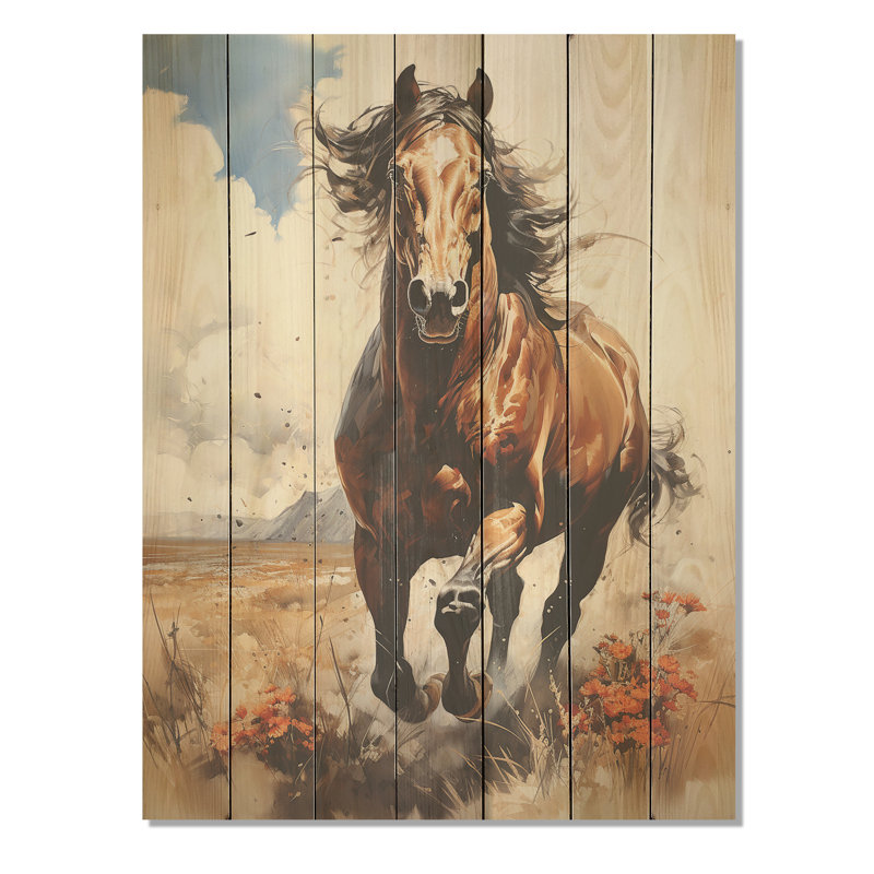 Cheval brun galopant dans la nature - Cheval à imprimé sur bois, H 40 po x l 30 po