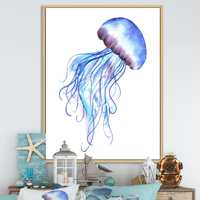 Adorable méduse bleue - reproduction sur toile, H 12 po x l 8 po, Cadre flottant brun