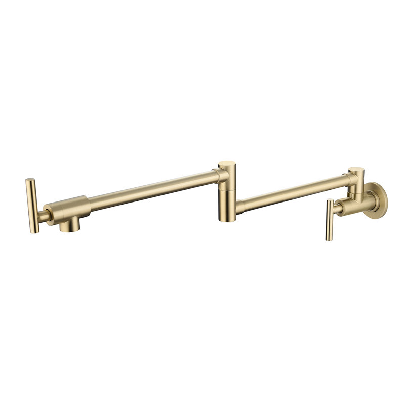 Wall Mounted Pot Filler Faucet In Brushed Gold - Folding Style, 360 Rotatable, Brass Made, Corrosion Surface Treatment, Double Handles For Effortless Control Mount Function, Rotation, Build, Optimal