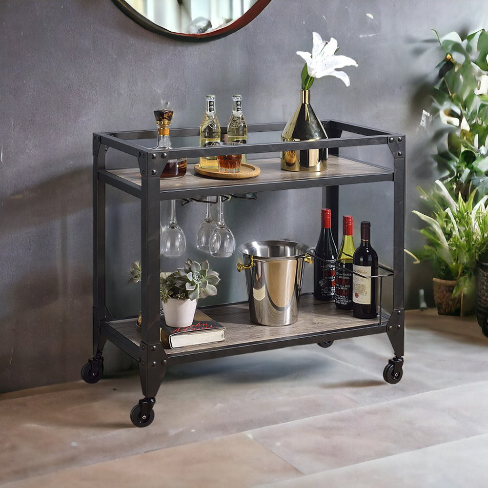 Jorgensen Rectangular Bar Cart in Rustic Oak and Charcoal Williston Forge