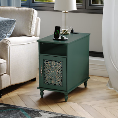 Retro End Table with Hand-Carved Door &Charging Station, Nightstand with cabinet and Shelf