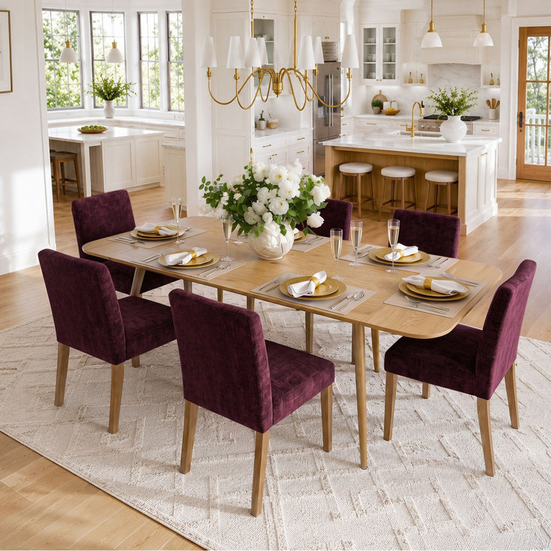 Ensemble de table de salle à manger pour 6 personnes avec table extensible et 6 chaises rembourrées en lin, Light Blue