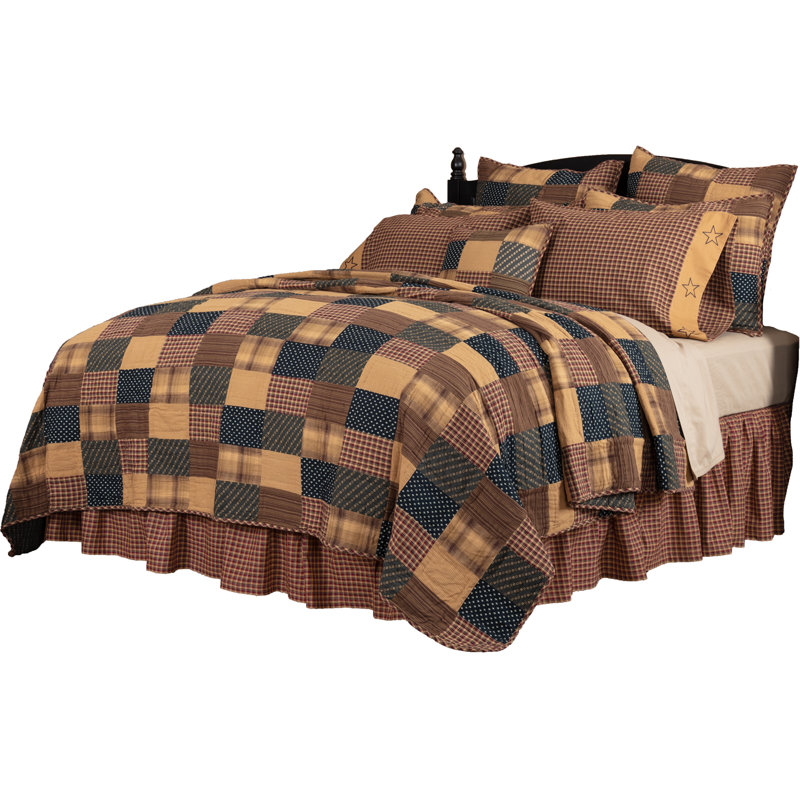 Navy and Tan Cotton Patchwork Queen Quilt Set