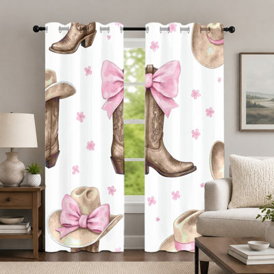 2 pièces de bottes de cowboy occidental et rideaux de chapeau, drapé de fenêtre à imprimé d'arc rose, panneaux d'œillets mignons de style champêtre, habillage de fenêtre décoratif pour le décor de la chambre à coucher